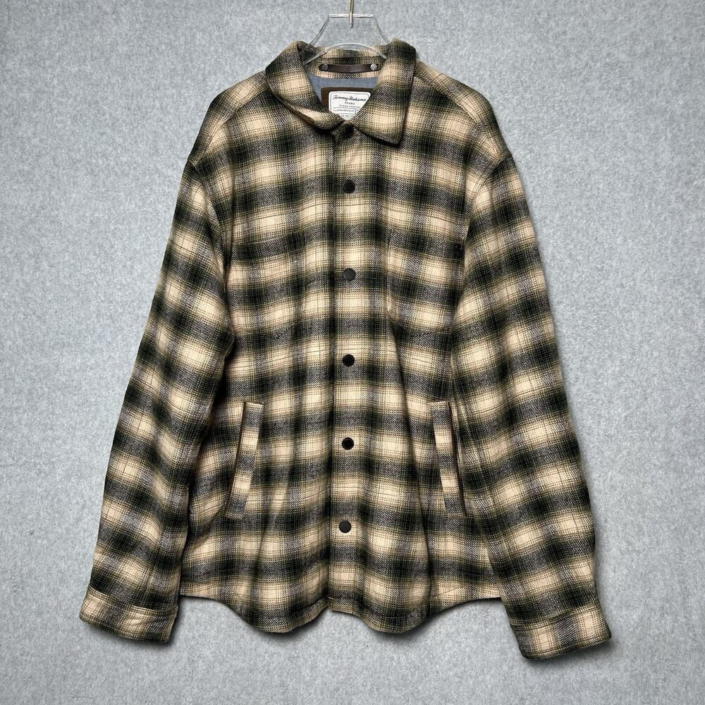 Tommy Bahama Jeans Mens XL Wool Blend Plaid Shirt Jacket Shacket Green Tan